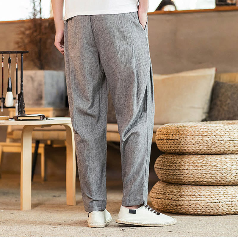 Pantalon fuselé en lin uni avec cordon de serrage et poches pour homme Motif Buddha Stones - image 14