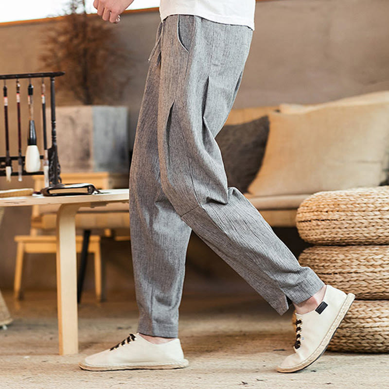 Pantalon fuselé en lin uni avec cordon de serrage et poches pour homme Motif Buddha Stones - image 13
