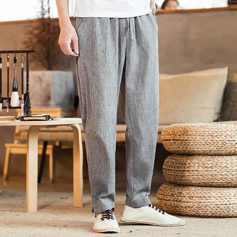 Pantalon fuselé en lin uni avec cordon de serrage et poches pour homme Motif Buddha Stones - image 12