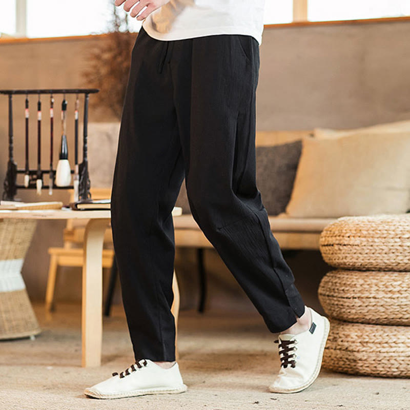 Pantalon fuselé en lin uni avec cordon de serrage et poches pour homme Motif Buddha Stones - Noir - US/UK/AU46，EU56 (5XL) - image 19