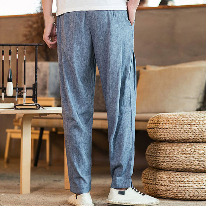 Pantalon fuselé en lin uni avec cordon de serrage et poches pour homme Motif Buddha Stones - image 30