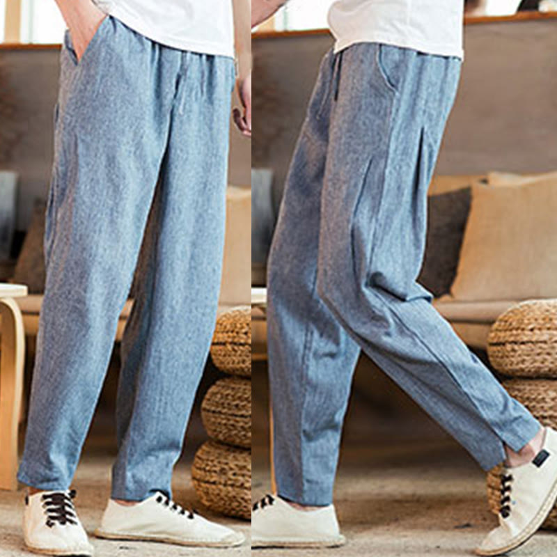 Pantalon fuselé en lin uni avec cordon de serrage et poches pour homme Motif Buddha Stones - image 34