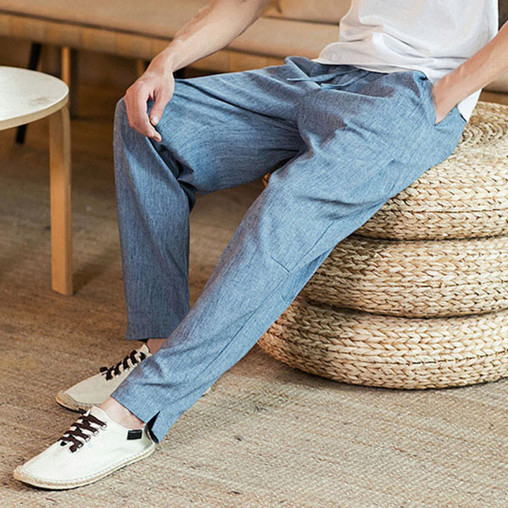 Pantalon fuselé en lin uni avec cordon de serrage et poches pour homme Motif Buddha Stones - image 33