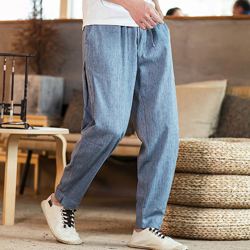 Pantalon fuselé en lin uni avec cordon de serrage et poches pour homme Motif Buddha Stones - image 28