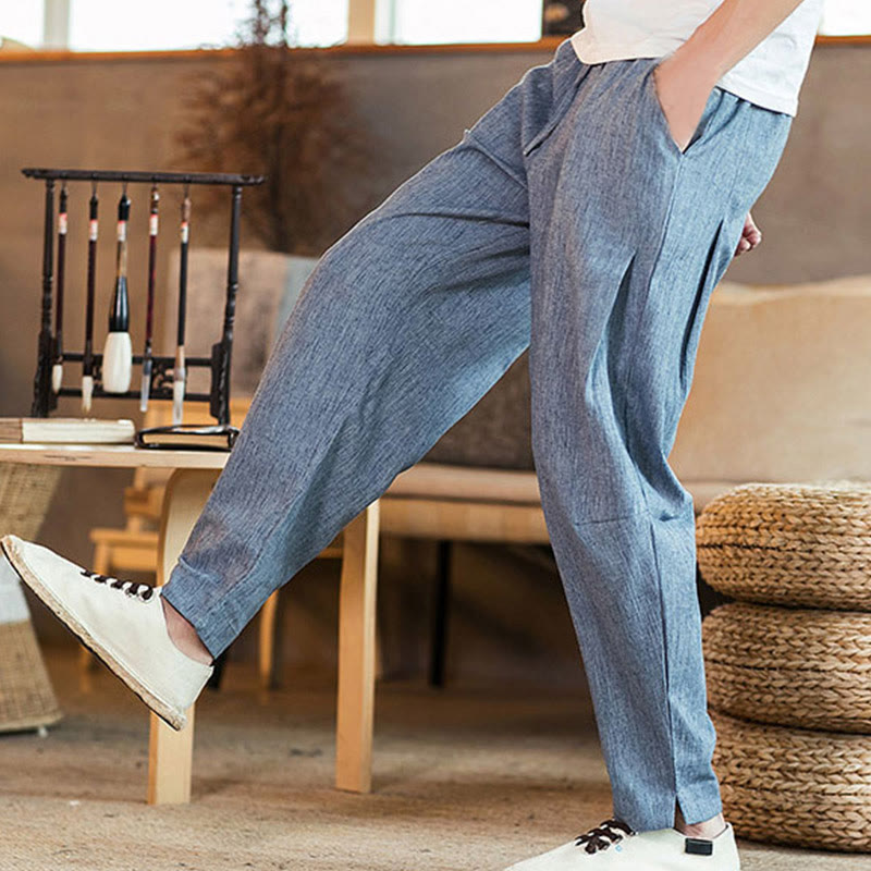 Pantalon fuselé en lin uni avec cordon de serrage et poches pour homme Motif Buddha Stones - image 32