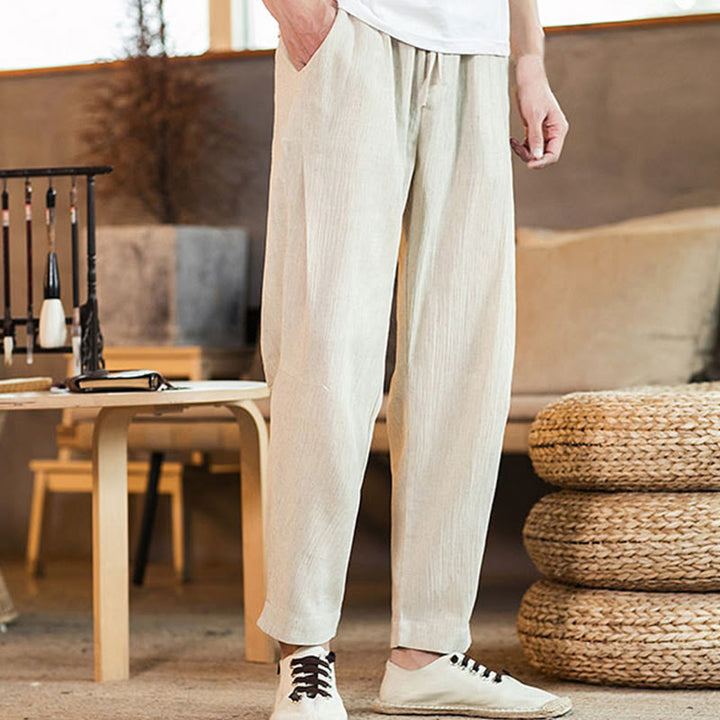 Pantalon fuselé en lin uni avec cordon de serrage et poches pour homme Motif Buddha Stones - image 37
