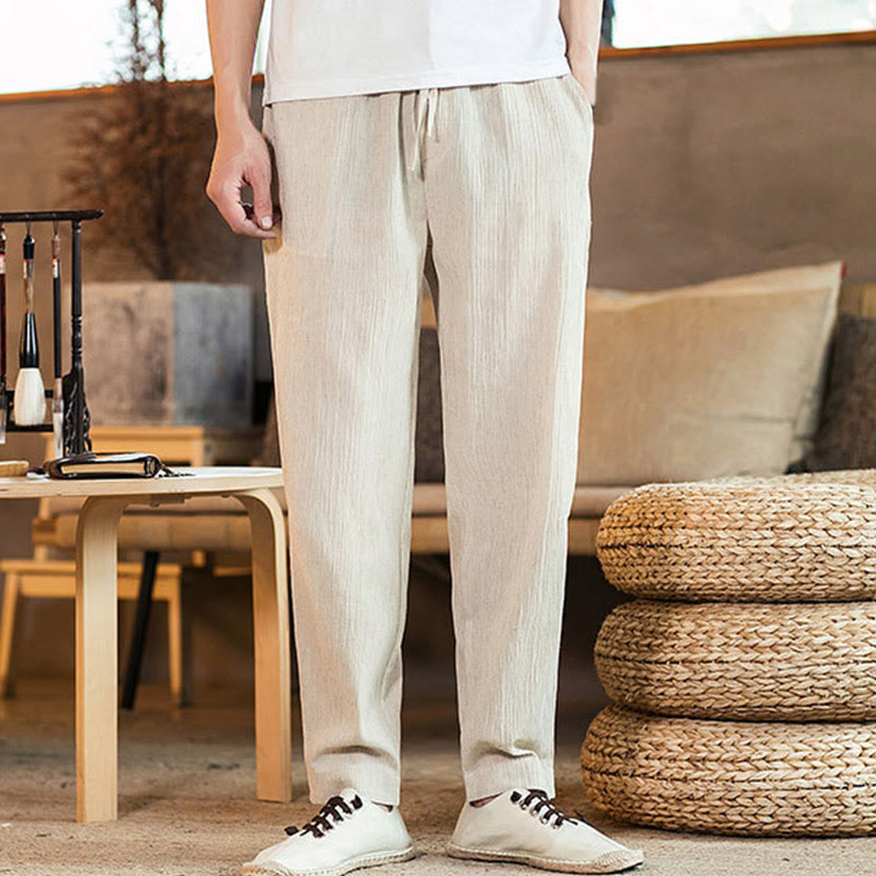 Pantalon fuselé en lin uni avec cordon de serrage et poches pour homme Motif Buddha Stones - image 36