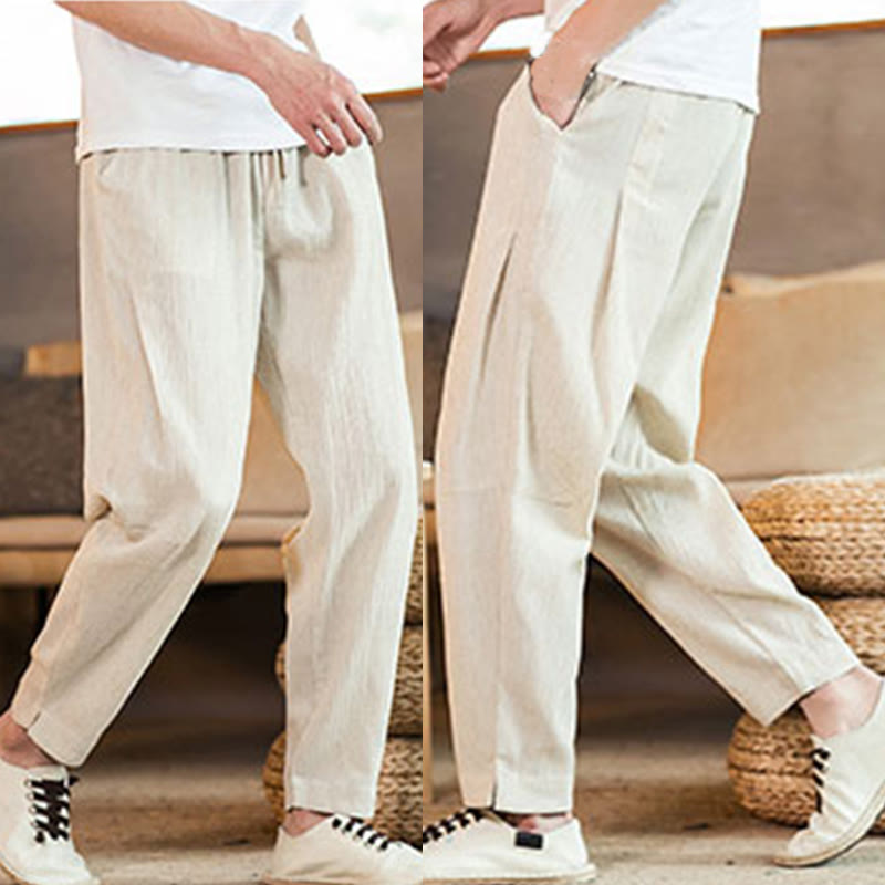 Pantalon fuselé en lin uni avec cordon de serrage et poches pour homme Motif Buddha Stones - image 45