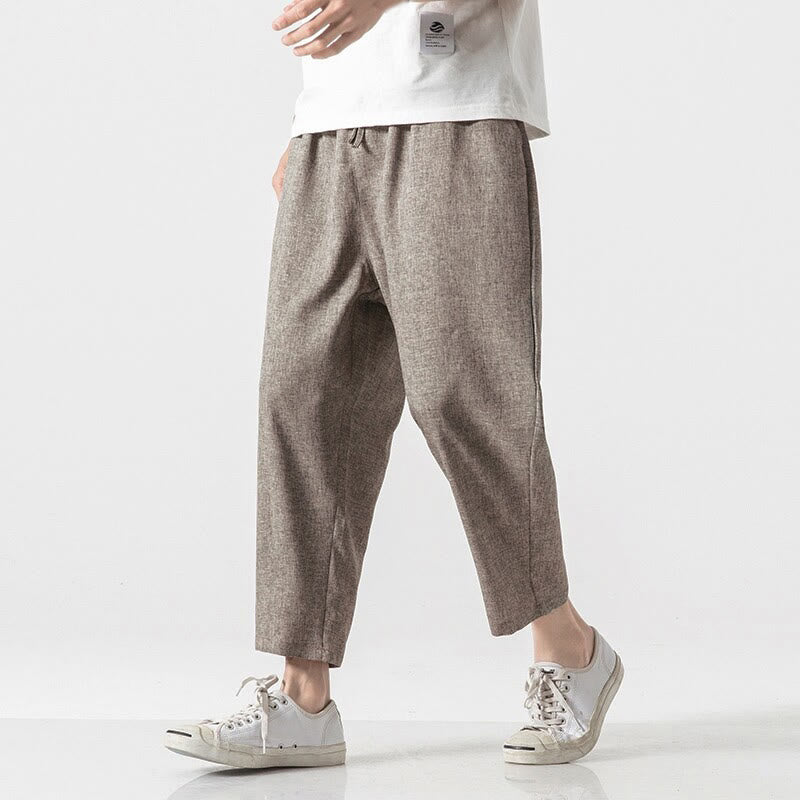 Pantalon d'été uni en coton et lin pour homme avec poches, longueur 7-8, Buddha Stones - image 4