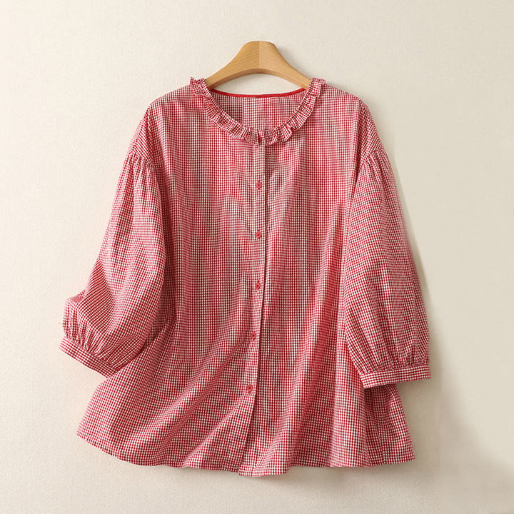 Chemise femme en coton à carreaux et volants, col ras du cou et manches trois-quarts, motif Buddha Stones Spring - OrangeRouge - US14，UK/AU18，EU46 (2XL) - image 6