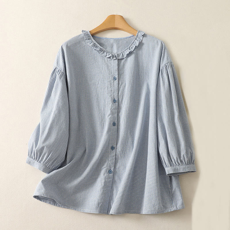 Chemise femme en coton à carreaux et volants, col ras du cou et manches trois-quarts, motif Buddha Stones Spring - Bleu clair - US14，UK/AU18，EU46 (2XL) - image 1
