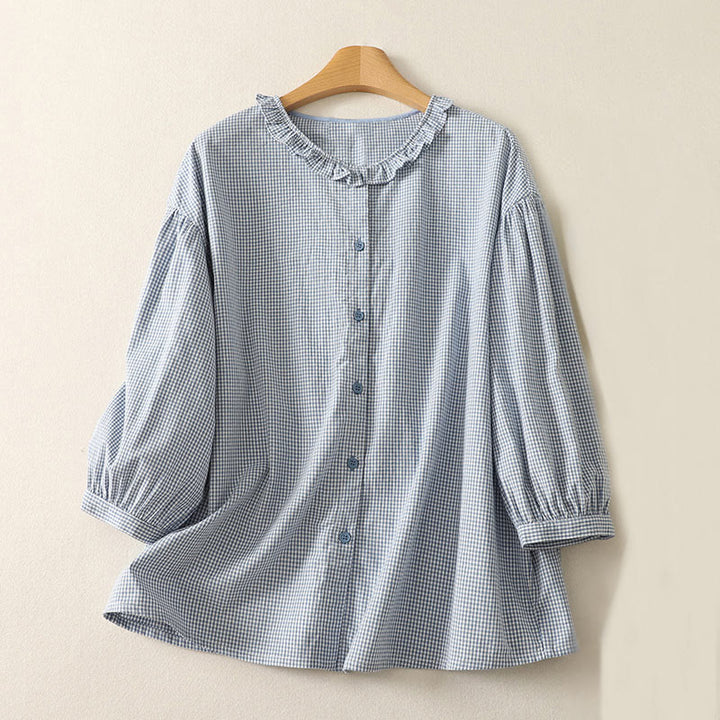 Chemise femme en coton à carreaux et volants, col ras du cou et manches trois-quarts, motif Buddha Stones Spring - Bleu clair - US14，UK/AU18，EU46 (2XL) - image 1