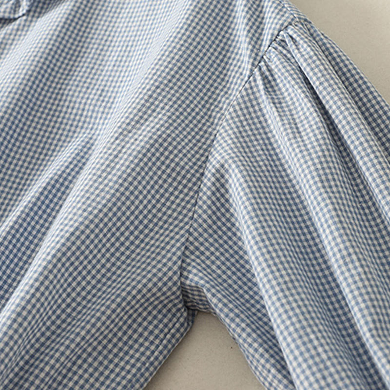 Chemise femme en coton à carreaux et volants, col ras du cou et manches trois-quarts, motif Buddha Stones Spring - image 3