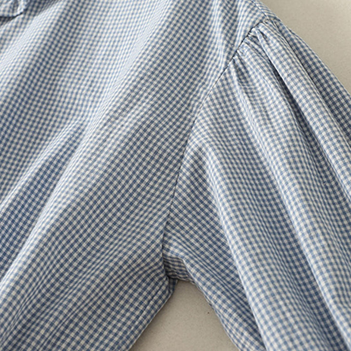 Chemise femme en coton à carreaux et volants, col ras du cou et manches trois-quarts, motif Buddha Stones Spring - image 3
