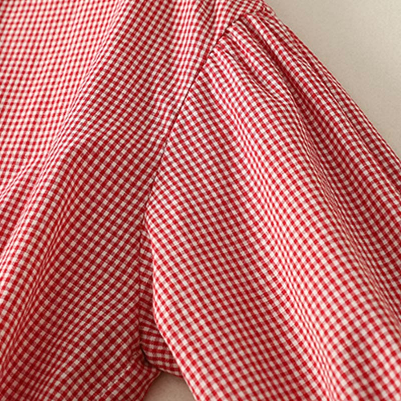 Chemise femme en coton à carreaux et volants, col ras du cou et manches trois-quarts, motif Buddha Stones Spring - image 10