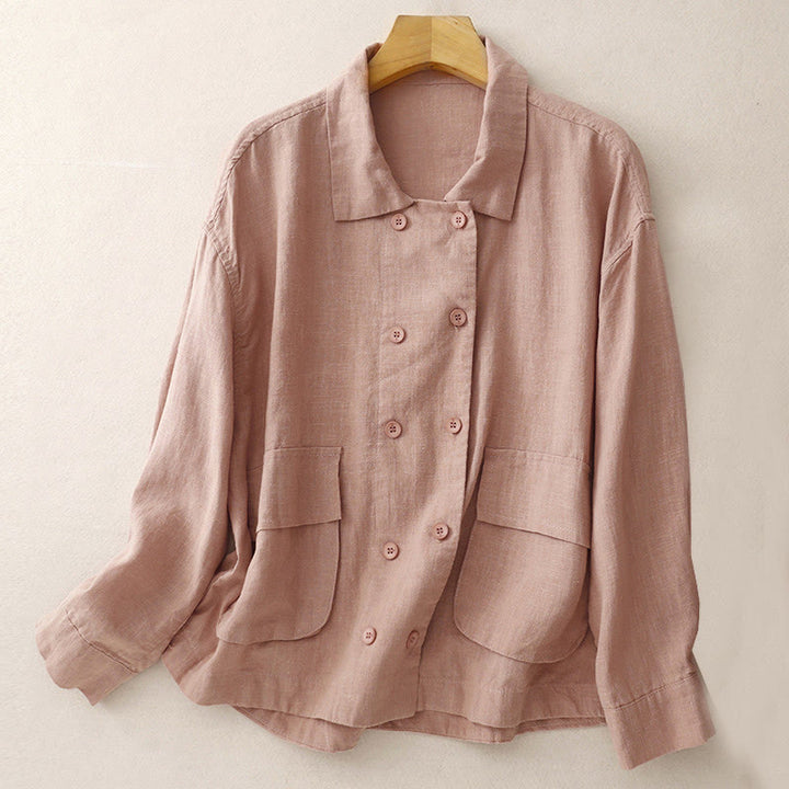 Veste croisée en coton et lin à manches longues pour femme avec poches et motif Buddha Stones - Saumon foncé - US14，UK/AU18，EU46 (2XL) - image 17