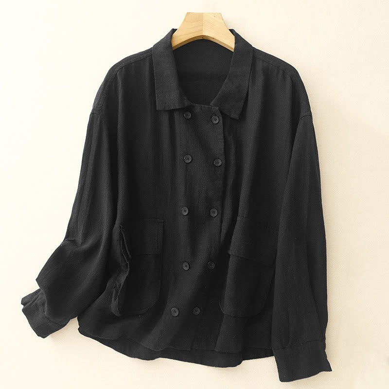 Veste croisée en coton et lin à manches longues pour femme avec poches et motif Buddha Stones - Noir - US14，UK/AU18，EU46 (2XL) - image 12