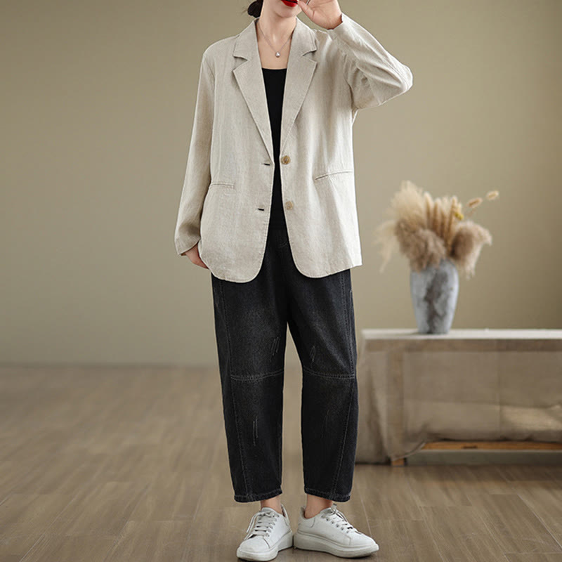Veste femme en coton et lin à manches longues et poches, couleur unie, motif Buddha Stones - image 3
