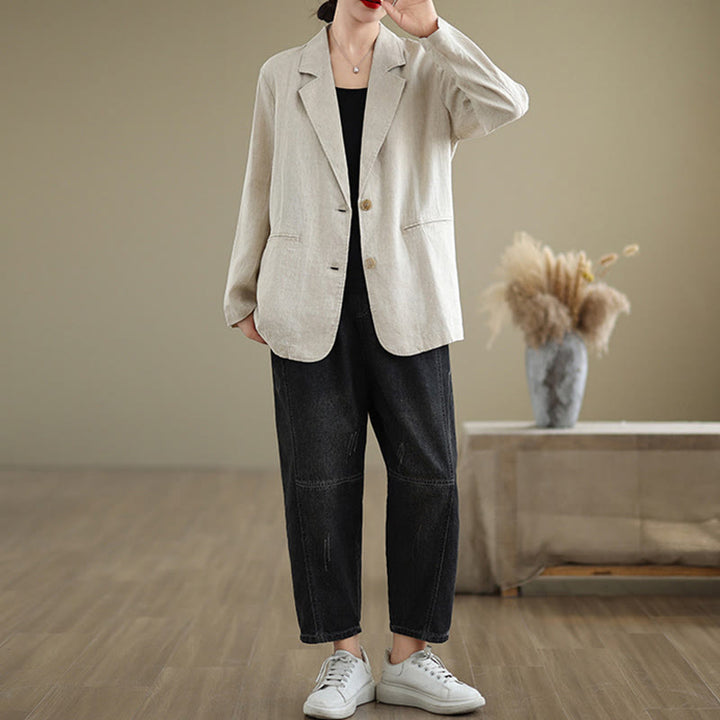 Veste femme en coton et lin à manches longues et poches, couleur unie, motif Buddha Stones - image 3