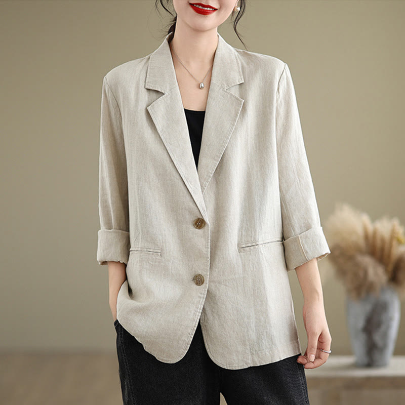 Veste femme en coton et lin à manches longues et poches, couleur unie, motif Buddha Stones - Beige - US8-10，UK/AU12-14，EU40-42 (2XL) - image 1