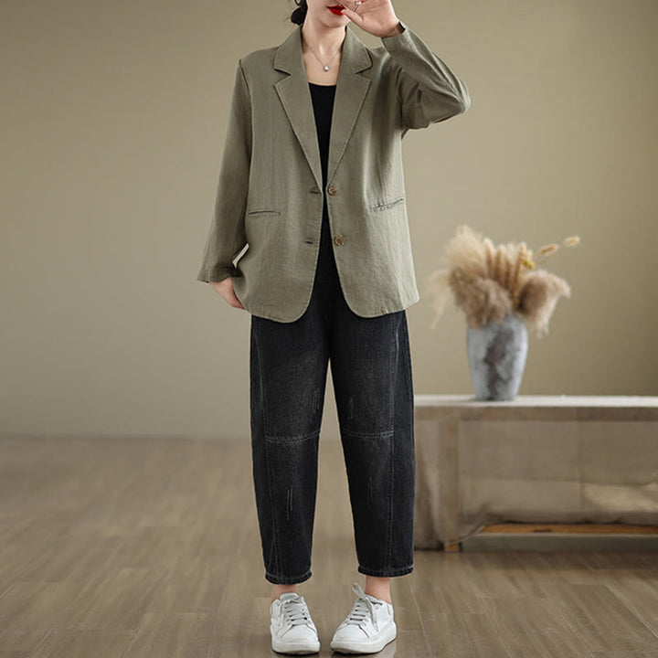 Veste femme en coton et lin à manches longues et poches, couleur unie, motif Buddha Stones - image 26