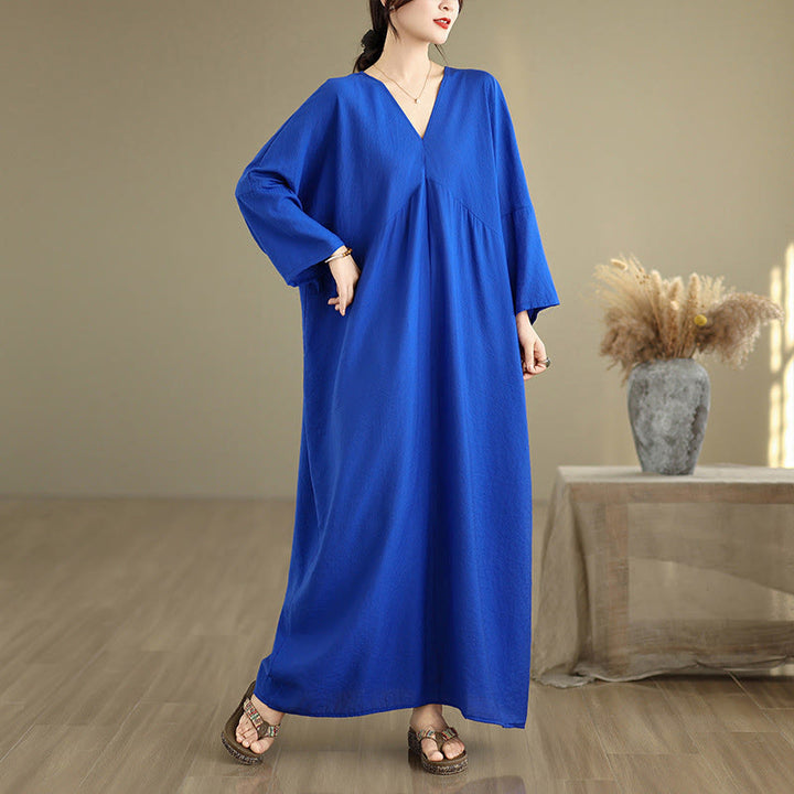 Robe mi-longue en coton à manches longues et col en V, motif Buddha Stones Fall, couleur pure - Bleu - US4-12，UK/AU8-18，EU36-46(F) - image 11