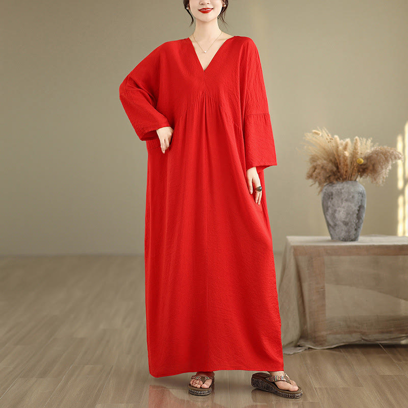 Robe mi-longue en coton à manches longues et col en V, motif Buddha Stones Fall, couleur pure - Rouge - US4-12, UK/AU8-18, EU36-46(F) - image 8