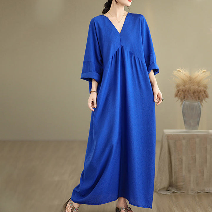 Robe mi-longue en coton à manches longues et col en V, motif Buddha Stones Fall, couleur pure - image 15