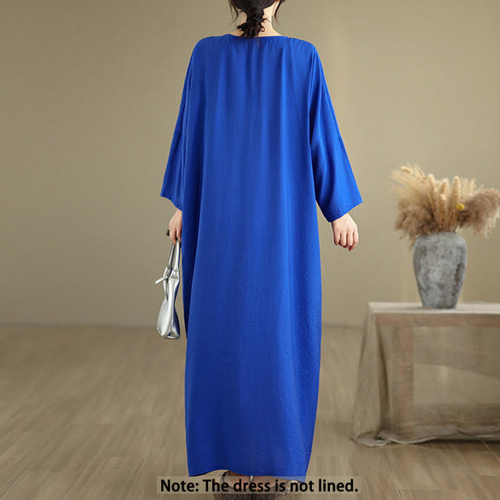 Robe mi-longue en coton à manches longues et col en V, motif Buddha Stones Fall, couleur pure - image 12