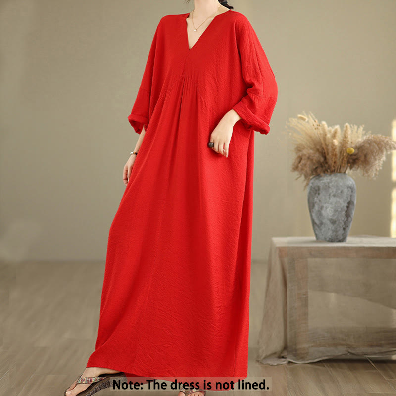 Robe mi-longue en coton à manches longues et col en V, motif Buddha Stones Fall, couleur pure - image 8