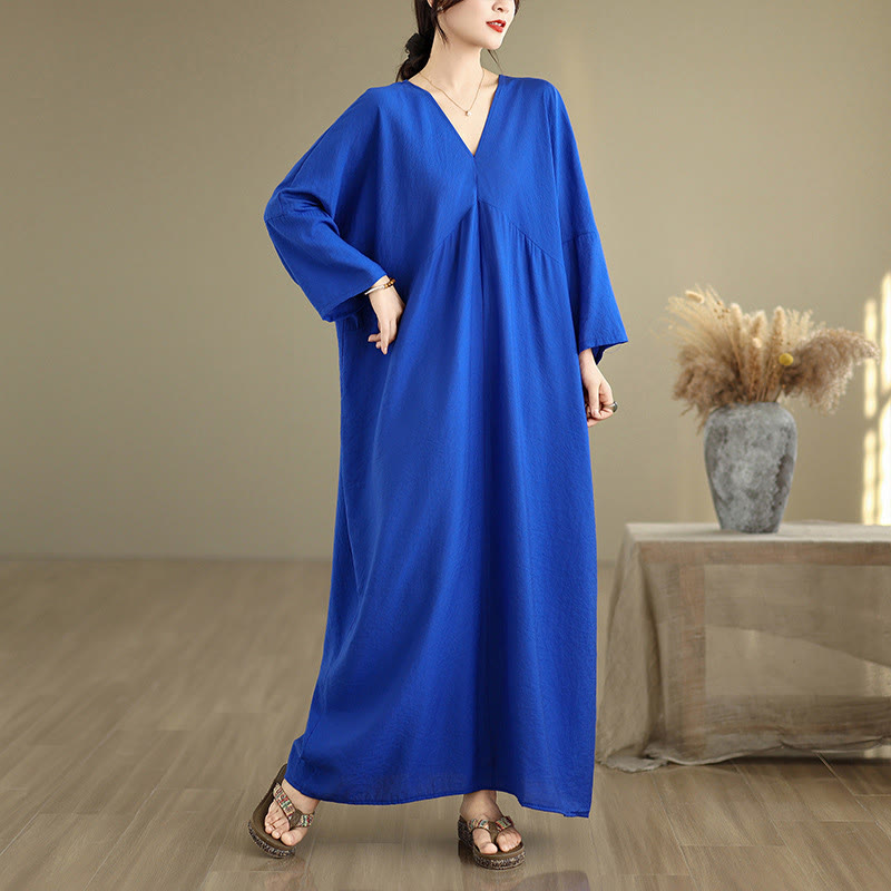 Robe mi-longue en coton à manches longues et col en V, motif Buddha Stones Fall, couleur pure - Bleu - US4-12, UK/AU8-18, EU36-46(F) - image 12