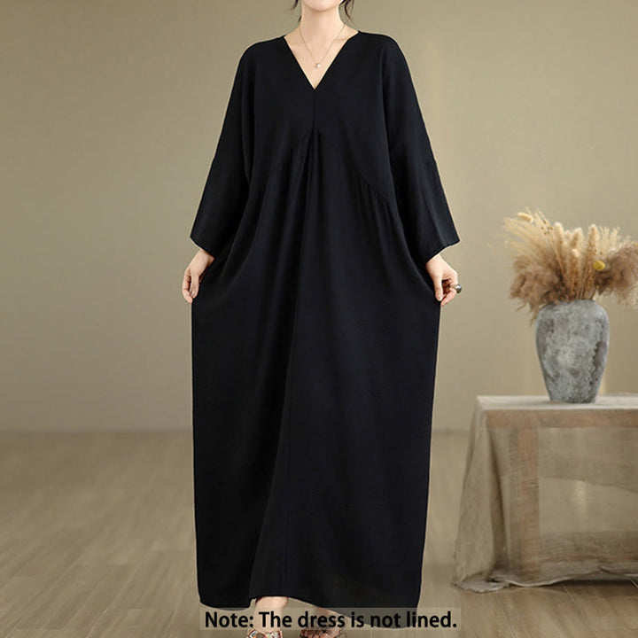 Robe mi-longue en coton à manches longues et col en V, motif Buddha Stones Fall, couleur pure - image 1