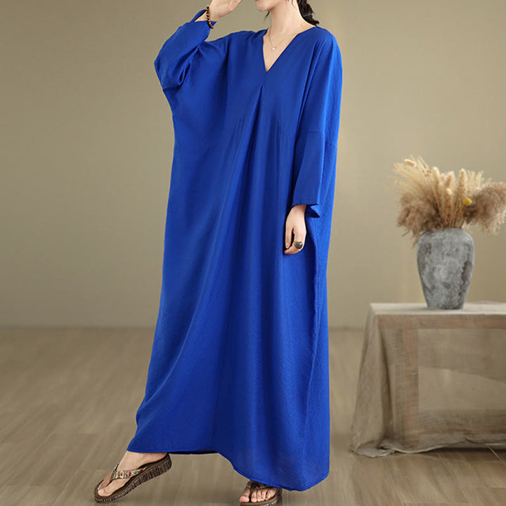 Robe mi-longue en coton à manches longues et col en V, motif Buddha Stones Fall, couleur pure - image 14