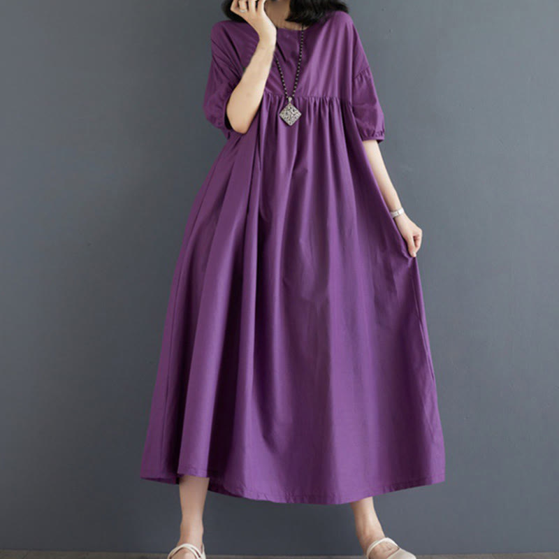 Robe mi-longue plissée en coton à col ras du cou et manches mi-bouffantes, couleur unie, motif Buddha Stones - Violet - US14，UK/AU18，EU46 (2XL) - image 1