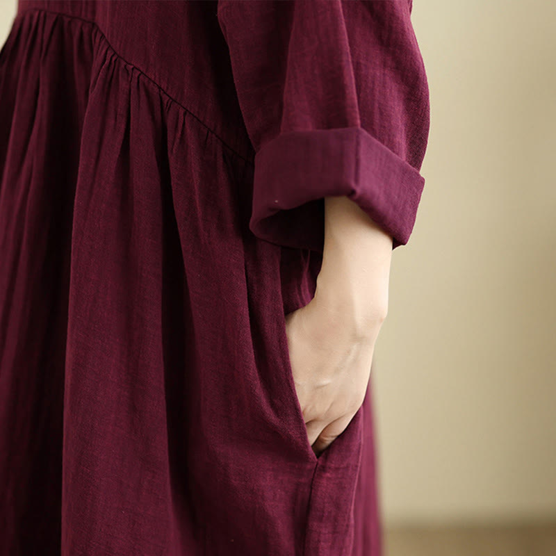 Robe midi en coton et lin à manches longues et poches, Buddha Stones Commute, couleur pure - image 11