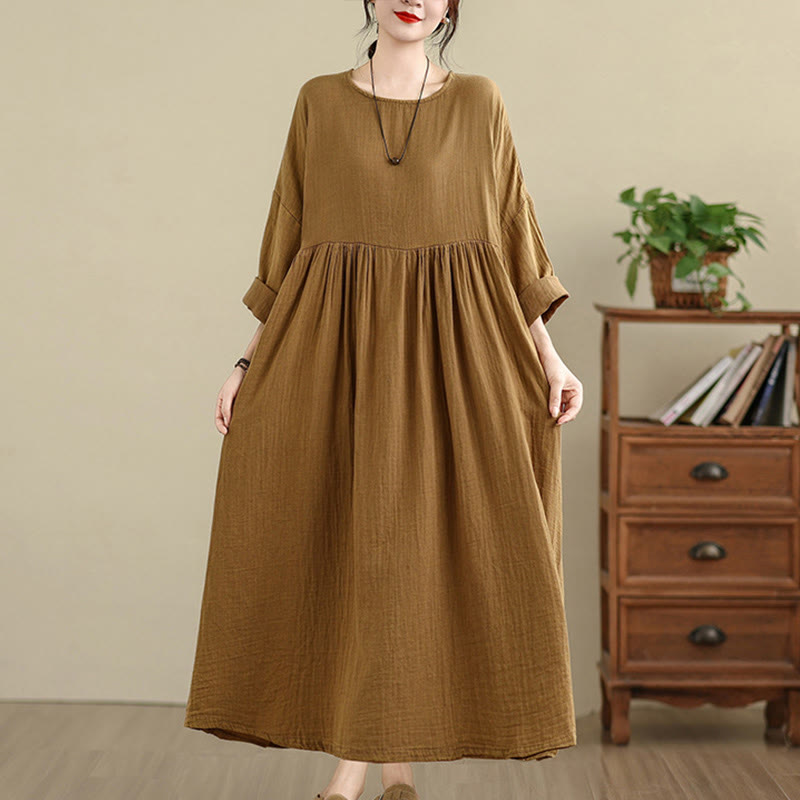 Robe midi en coton et lin à manches longues et poches, Buddha Stones Commute, couleur pure - Verge d'or - US4-12, UK/AU8-18, EU36-46(F) - image 1