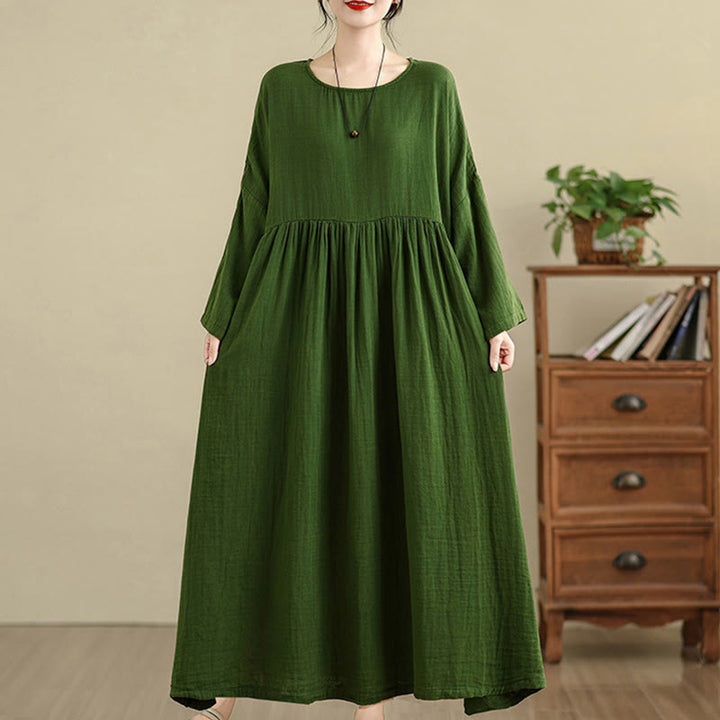 Robe midi en coton et lin à manches longues et poches, Buddha Stones Commute, couleur pure - Vert forêt - US4-12，UK/AU8-18，EU36-46(F) - image 12