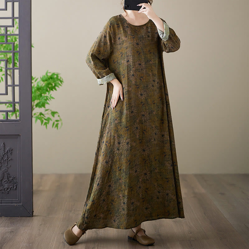 Robe longue en coton et lin à manches longues et poches, imprimé fleurs et Buddha Stones - image 3