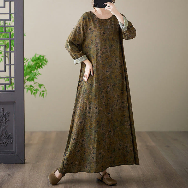 Robe longue en coton et lin à manches longues et poches, imprimé fleurs et Buddha Stones - image 3