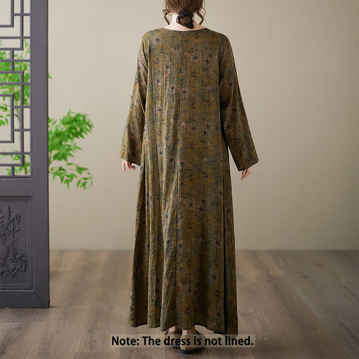 Robe longue en coton et lin à manches longues et poches, imprimé fleurs et Buddha Stones - image 1