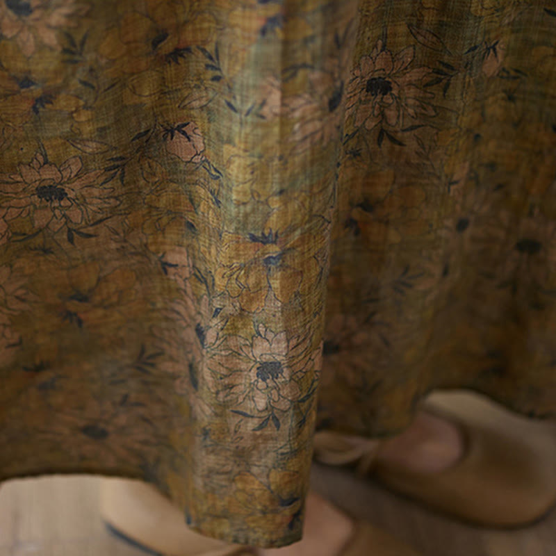 Robe longue en coton et lin à manches longues et poches, imprimé fleurs et Buddha Stones - image 10