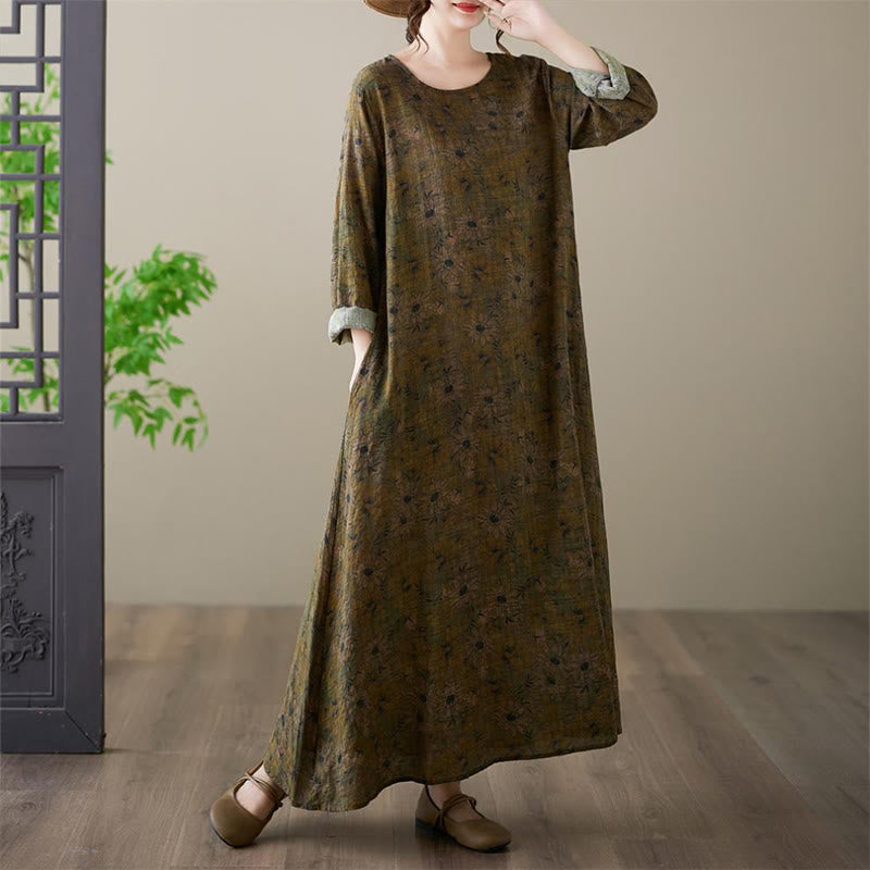 Robe longue en coton et lin à manches longues et poches, imprimé fleurs et Buddha Stones - image 2