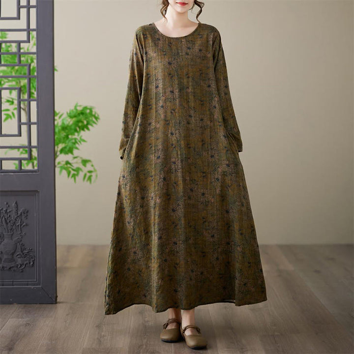 Robe longue en coton et lin à manches longues et poches, imprimé fleurs et Buddha Stones - image 4