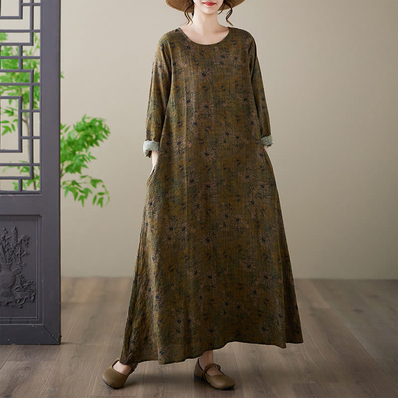 Robe longue en coton et lin à manches longues et poches, imprimé fleurs et Buddha Stones - Olive - US14，UK/AU18，EU46 (3XL) - image 1