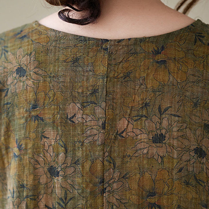Robe longue en coton et lin à manches longues et poches, imprimé fleurs et Buddha Stones - image 8