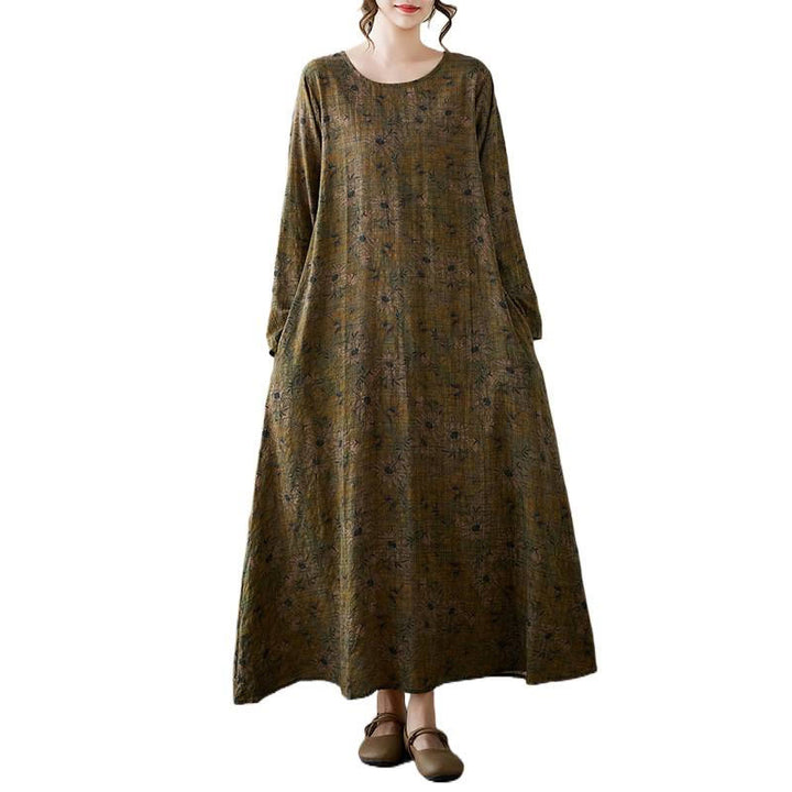 Robe longue en coton et lin à manches longues et poches, imprimé fleurs et Buddha Stones - image 12