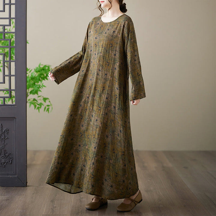 Robe longue en coton et lin à manches longues et poches, imprimé fleurs et Buddha Stones - image 5