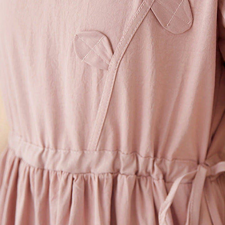 Robe midi en coton et lin à volants et manches courtes, motif floral tridimensionnel Buddha Stones, avec poches - image 11