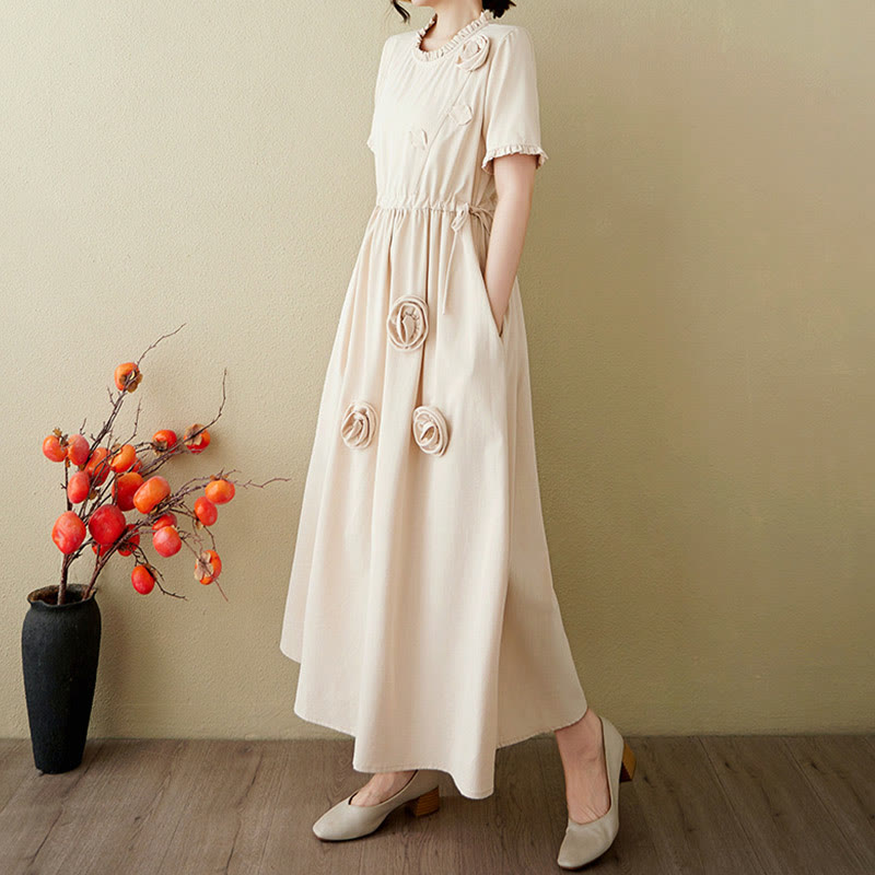 Robe midi en coton et lin à volants et manches courtes, motif floral tridimensionnel Buddha Stones, avec poches - image 21