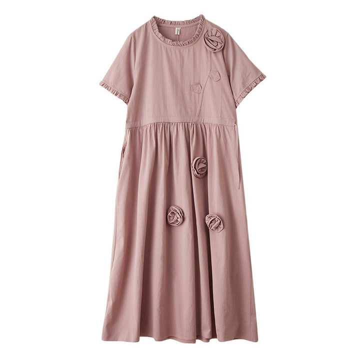 Robe midi en coton et lin à volants et manches courtes, motif floral tridimensionnel Buddha Stones, avec poches - image 16